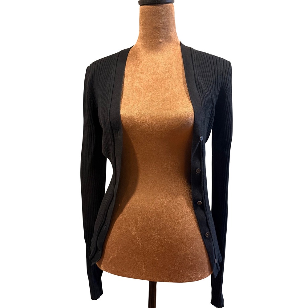 Calvin Klein Cardigan Women XS Black Ribbed Button Front Sweater Minimalist